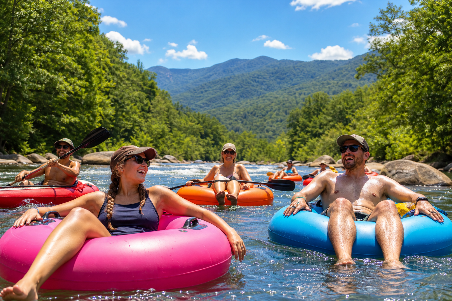 Group river tubing and kayaking in the NC mountains